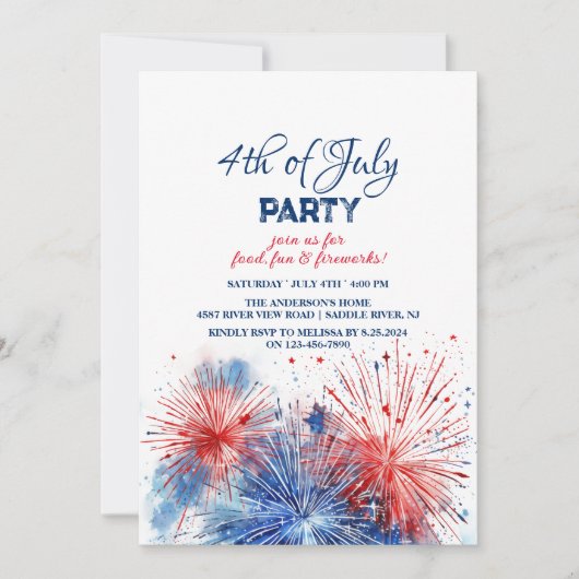 Feierliche Feuerwerke am 4. Juli Party Einladung (Vorderseite)