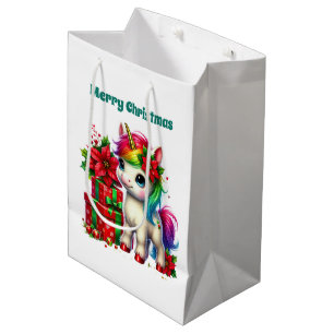 Feierliche Frohe Weihnachten Einhornmädchen Mittlere Geschenktüte