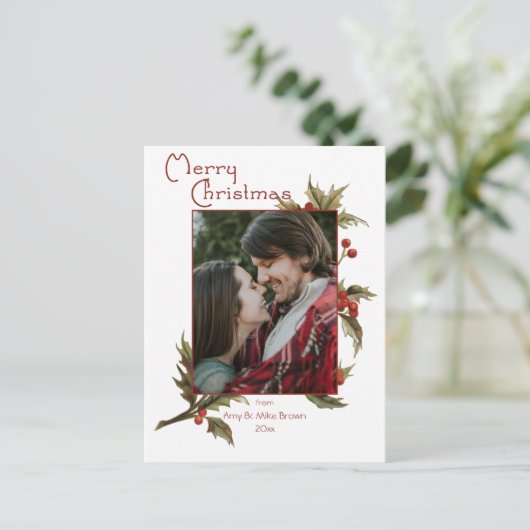 Feierliche Frohe Weihnachten | Holly | FOTO Postkarte (Stehend Vorderseite)