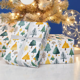 Feierliche, gelbe und grüne Weihnachtsbäume Geschenkpapier