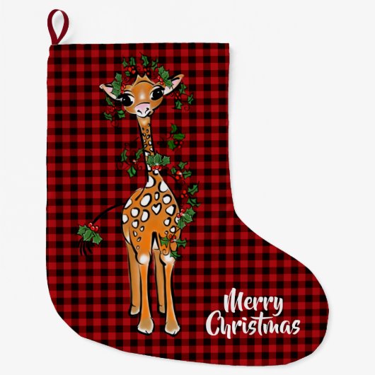 Feierliche Giraffe, Garland, Büffel kariert Großer Weihnachtsstrumpf (Vorderseite)