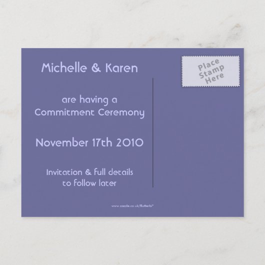 Feierliche "Gown Save the Date Commitment" Ankündigungspostkarte (Rückseite)