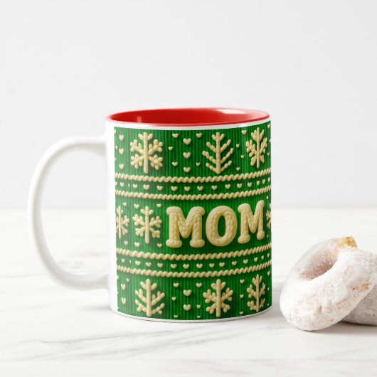 Feierliche Grün Ugly Sweater Weihnachten für Mama Zweifarbige Tasse (Mit Donut)