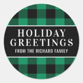 Feierliche Grüße Grün und Schwarz Buffalo Kariert Runder Aufkleber (Vorderseite)