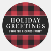 Feierliche Grüße Rot und Schwarz Buffalo Kariert Runder Aufkleber (Vorderseite)