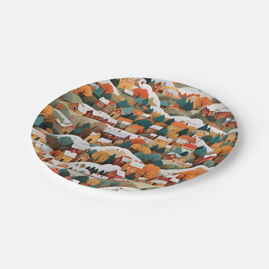 Feierliche Herbstzeitung Collage Village Pappteller (Schrägansicht)