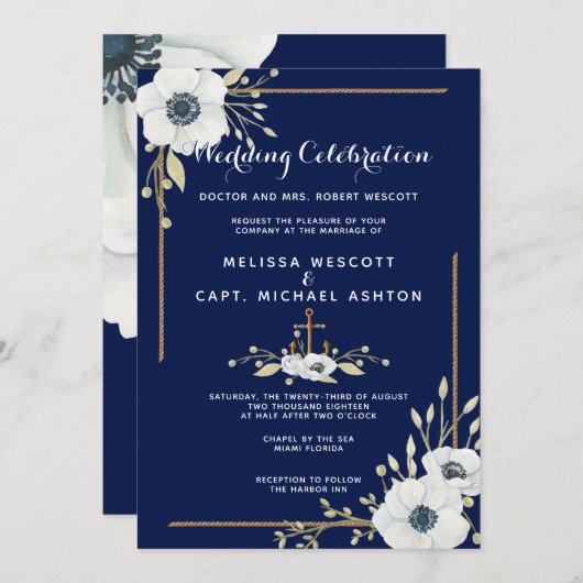 Feierliche Hochzeit der weißen Marinemone Einladung (Vorne/Hinten)