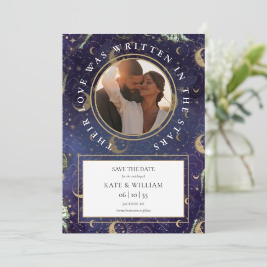 Feierliche Hochzeit im Foto der Sterne Save The Date (Stehend Vorderseite)