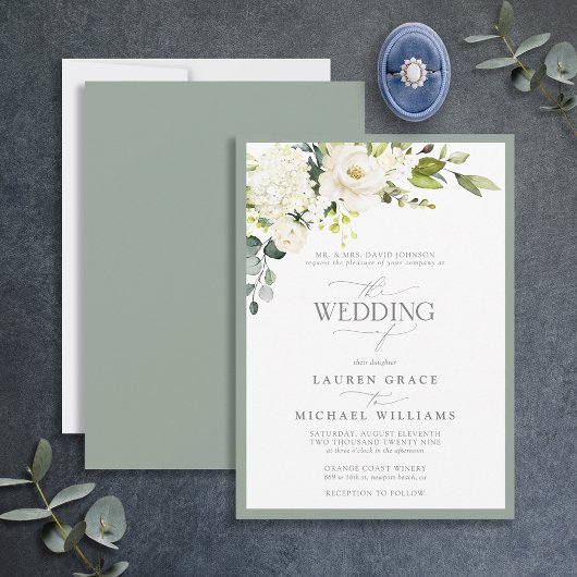 Feierliche Hochzeit von White Grey Green Floral Einladung