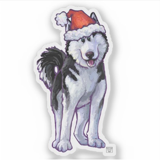 Feierliche Husky in einer Weihnachtsmannmütze Aufkleber (Vorderseite)