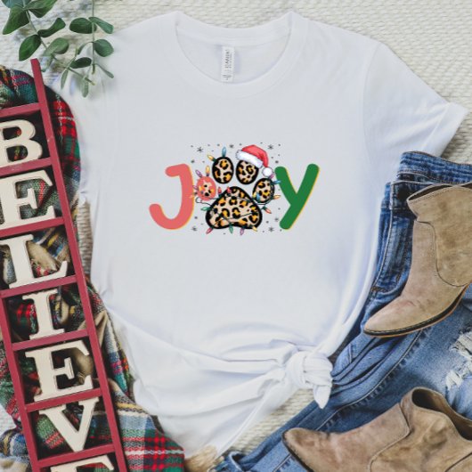 Feierliche Joy Leopard Print Paw Weihnachten T-Shirt