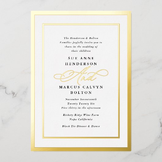 Feierliche Kalligrafie Schwarz-Weiß-Foil-Hochzeit Folieneinladung (Vorderseite)