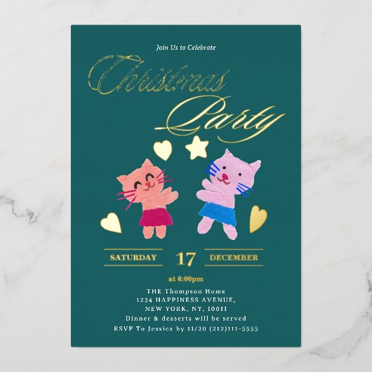 Feierliche Kalligraphie Katzen grünes Weihnachtsge Folieneinladung (Vorderseite)