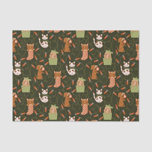 Feierliche Katze Hund Weihnachtsbeleuchtung Grün Seidenpapier (Vorderseite)