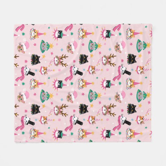 Feierliche Katzen Faces in Holiday Hats Muster Fleecedecke (Vorderseite (Horizontal))