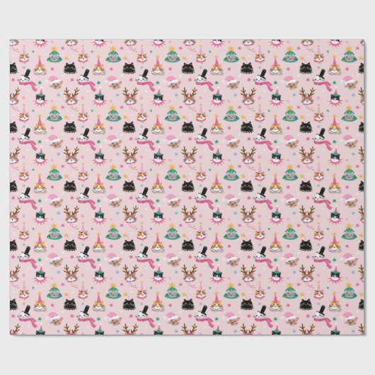 Feierliche Katzen Faces in Holiday Hats Muster Geschenkpapier (Flach)