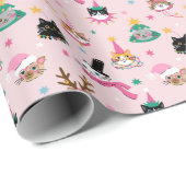 Feierliche Katzen Faces in Holiday Hats Muster Geschenkpapier (Rolleneckpunkt)