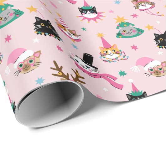 Feierliche Katzen Faces in Holiday Hats Muster Geschenkpapier (Rolleneckpunkt)