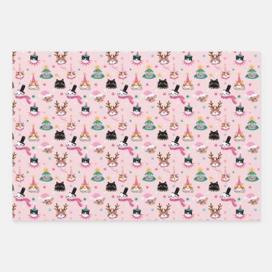 Feierliche Katzen Faces in Holiday Hats Muster Geschenkpapier Set (Vorderseite 3)