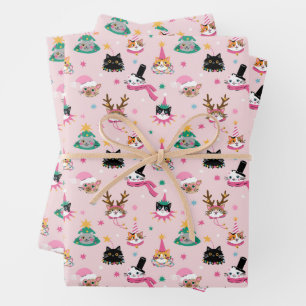 Feierliche Katzen Faces in Holiday Hats Muster Geschenkpapier Set