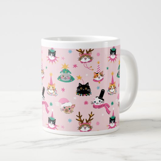 Feierliche Katzen Faces in Holiday Hats Muster Jumbo-Tasse (Vorderseite Rechts)