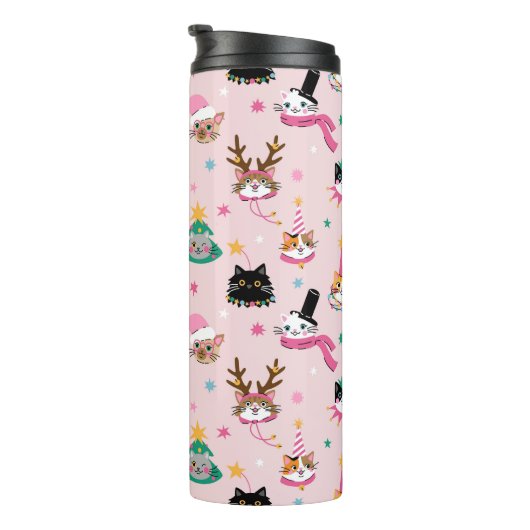 Feierliche Katzen Faces in Holiday Hats Muster Thermosbecher (Nach rechts gedreht)