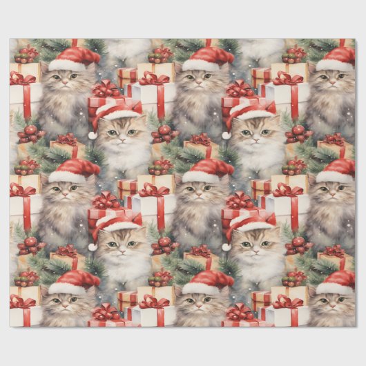 Feierliche Katzen in Weihnachtsmannmützen und Gesc Geschenkpapier (Flach)