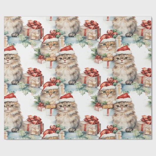 Feierliche Katzen in Weihnachtsmannmützen und Gesc Geschenkpapier (Flach)
