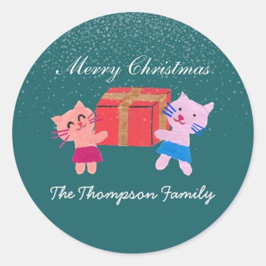 Feierliche Katzen mit dunkelgrüner Geschenkboxen W Runder Aufkleber (Vorderseite)