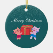 Feierliche Katzen mit Geschenkboxen dunkelgrün Wei Keramik Ornament (Vorne)