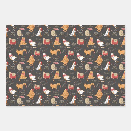 Feierliche Katzen mit Lichterweihnachtsmuster Geschenkpapier Set (Vorderseite)