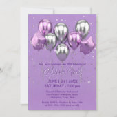 Feierliche Lavendel und Silbersternballoons zum Ge Einladung (Vorderseite)