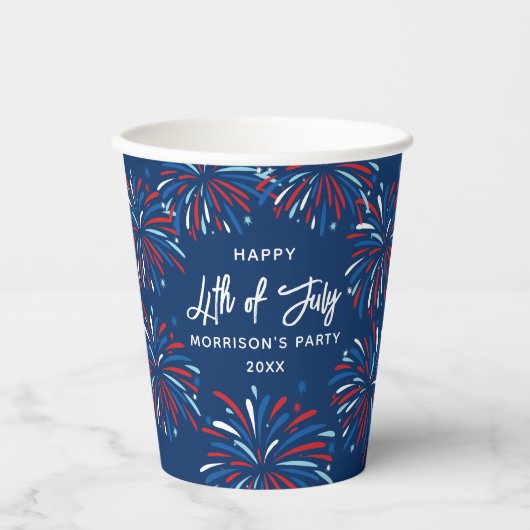 Feierliche moderne Feuerwerke, Custom Text 4. Juli Pappbecher (Vorderseite)