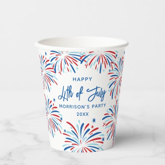 Feierliche moderne Feuerwerke, Custom Text 4. Juli Pappbecher (Vorderseite)
