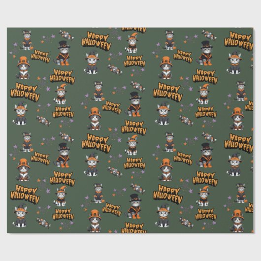 Feierliche Oliven-Hexenkatzen zu Halloween-Verklei Geschenkpapier (Flach)