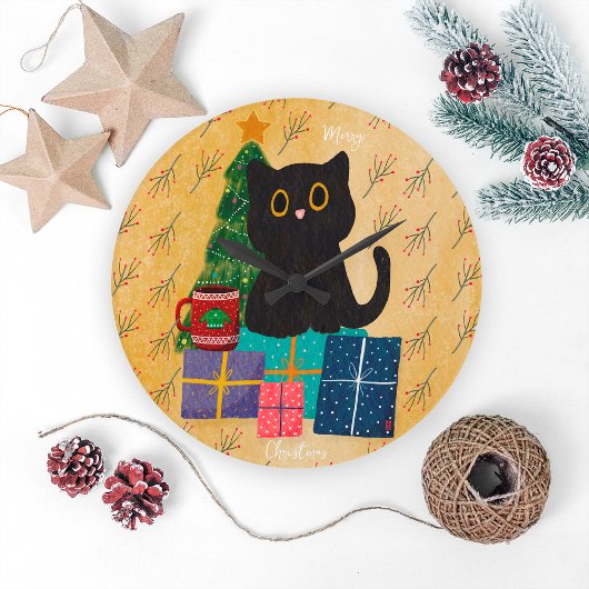 Feierliche Orange Frohe Weihnachts Black Cat Kaffe Große Wanduhr