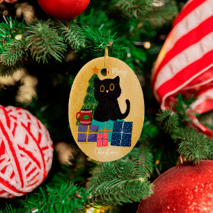 Feierliche Orange Frohe Weihnachts Black Cat Kaffe Keramik Ornament