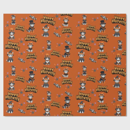 Feierliche Orange Hexenkatzen in Halloween-Verklei Geschenkpapier (Flach)