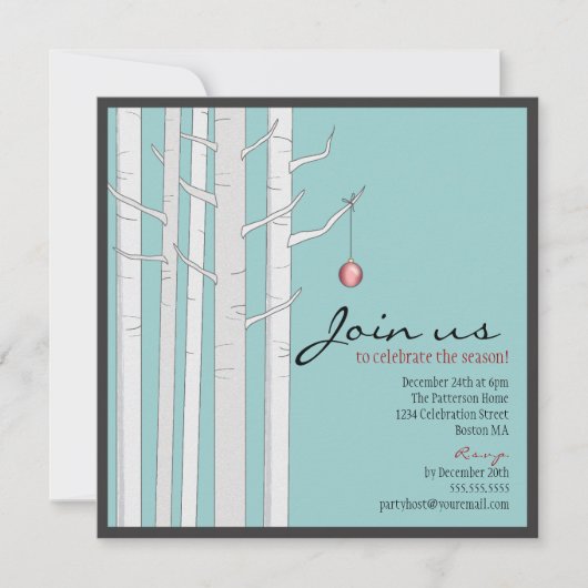 Feierliche Party - Birch Tree & Rotes Ornament Einladung (Vorderseite)