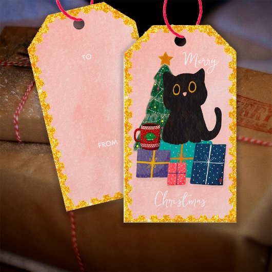 Feierliche Pink Black Cat Kaffee Weihnachtsfeierta Geschenkanhänger