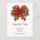 Feierliche Red and Gold Weihnachtsbow Save the Dat Einladungspostkarte (Vorderseite)
