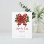 Feierliche Red and Gold Weihnachtsbow Save the Dat Einladungspostkarte (Stehend Vorderseite)