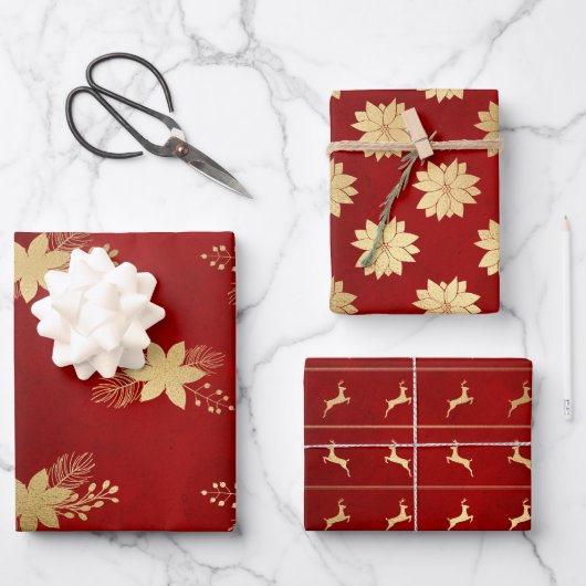 Feierliche Red & Gold Foil Winter Weihnachtsmuster Geschenkpapier Set (Vorderseite)
