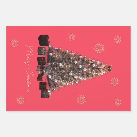 Feierliche Red Gold Weihnachtsbaum Geschenke Schne Geschenkpapier Set (Vorderseite 2)
