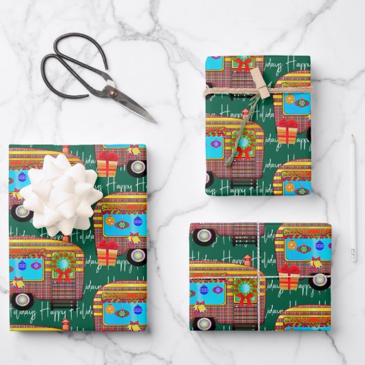 Feierliche Retro Camper Happy Holidays Geschenkpapier Set (Vorderseite)