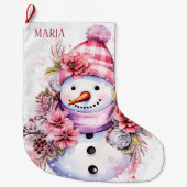 Feierliche Rosa Schneefrau gibt Namen Großer Weihnachtsstrumpf (Vorderseite)