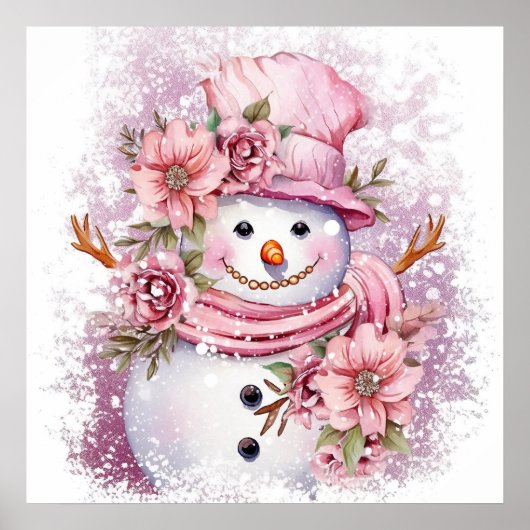 Feierliche Rosa Weihnachtsschneefrau Poster (Vorne)