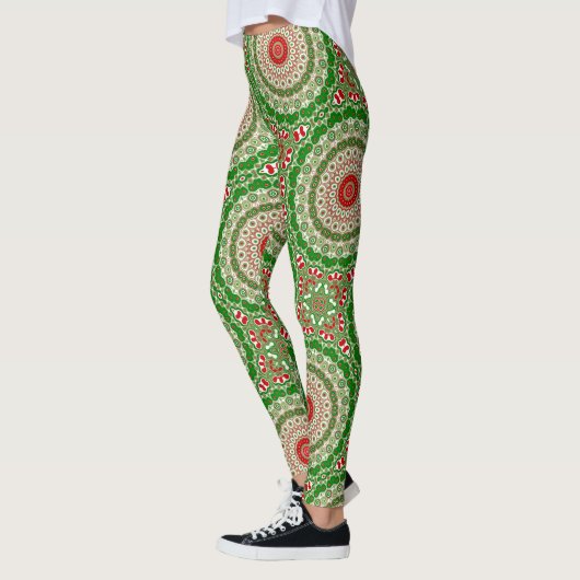Feierliche Rot-Grün-Mandala mit Urlaubssymmetrie Leggings (Links)