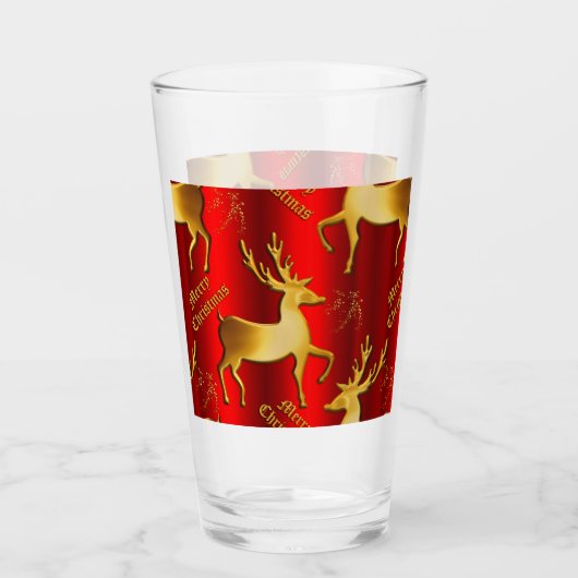 Feierliche Rot und Gold Rentier Frohe Weihnachten Glas (Vorderseite)