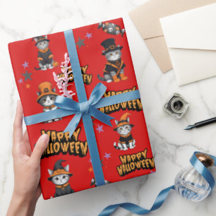 Feierliche rote Hexenkatzen zu Halloween-Verkleidu Geschenkpapier